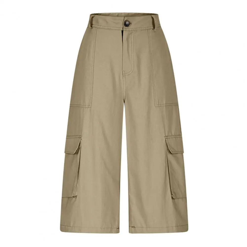 Women Cropped Pants Mid-Waist Design Straight Wide Leg Casual Trousers With Pockets Casual Loose Fit Summer Breathable Pants