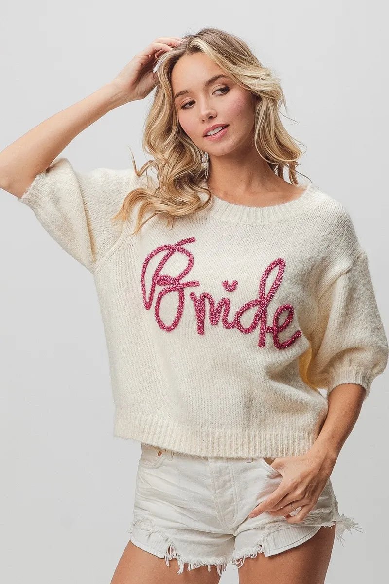 BiBi Metallic Letter Shorts Puff Sleeve Hairy Sweater | Nikki &amp; Co. Boutique