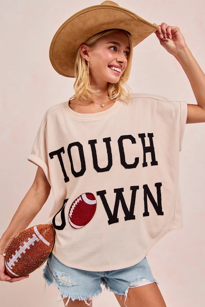 BiBi Touchdown Letter Patch Waffle Knit Top | Beige - Nikki &amp; Co. Boutique