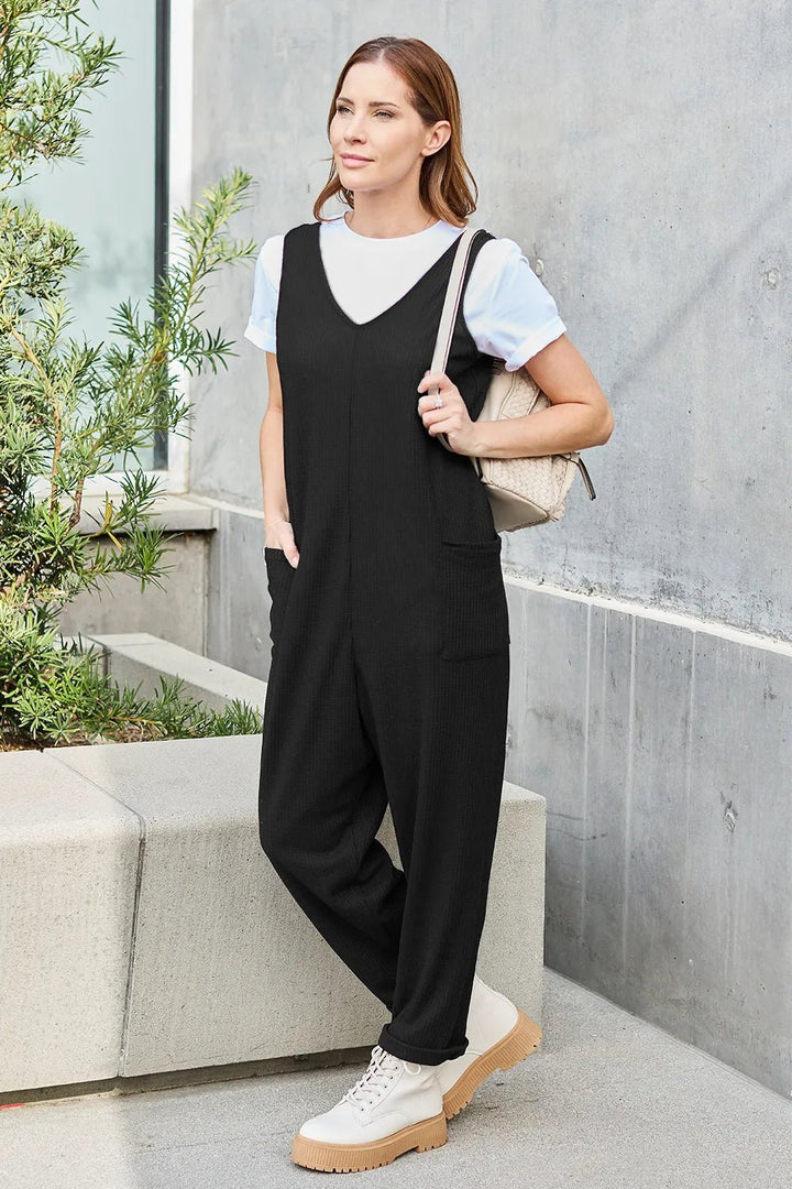 Waffle-Knit Sleeveless V-Neck Jumpsuit with Pockets - Nikki &amp; Co. Boutique