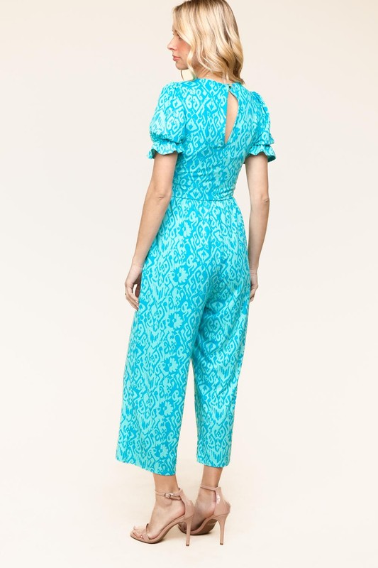 PLUS Spring Vibes Aqua Ikat Print Ruffle Sleeve Wide Leg Jumpsuit | Nikki &amp; Co. Boutique