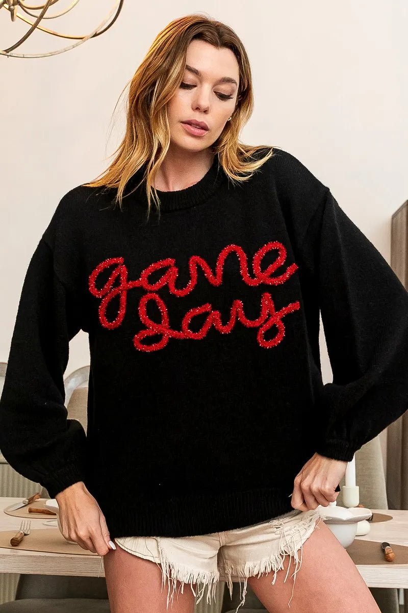 BiBi Game Day Metallic Letter Sweater | Black &amp; Red - Nikki &amp; Co. Boutique