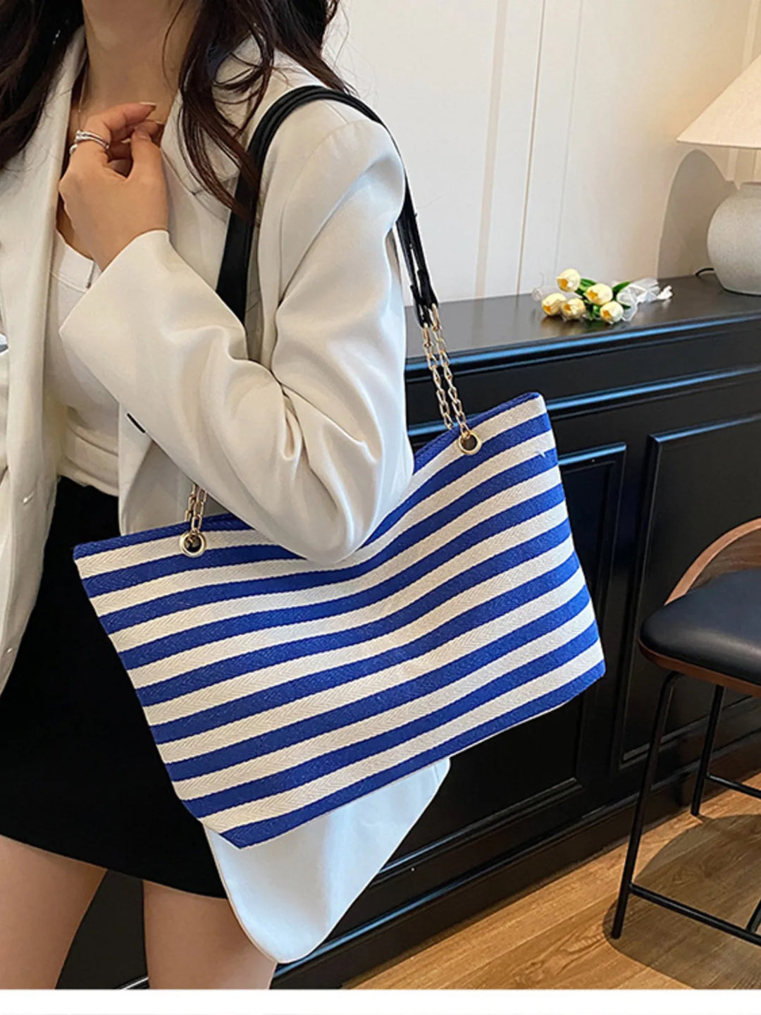 Striped Shoulder Bag with Chain Detail - Nikki &amp; Co. Boutique