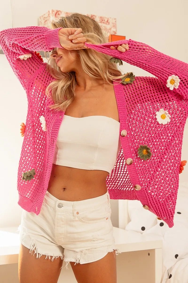 BiBi Flower Patches Open Knit Sweater Cardigan - Nikki &amp; Co. Boutique
