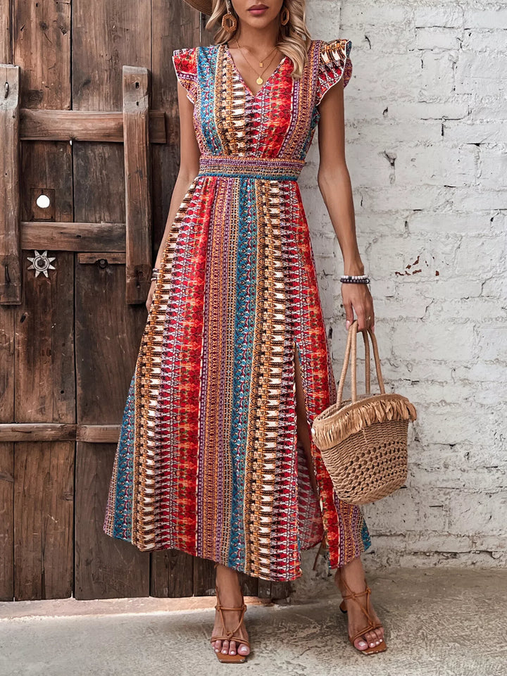 Boho Print Ruffle Sleeve Slit Dress - Nikki &amp; Co. Boutique