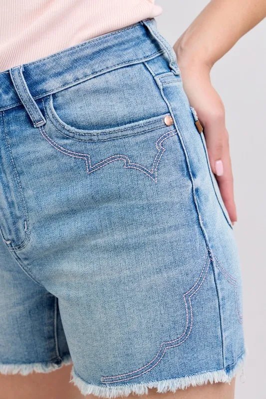 Judy Blue Full Size High Waist Western Embroidery Cut Off Denim Shorts in Light Wash - Nikki &amp; Co. Boutique