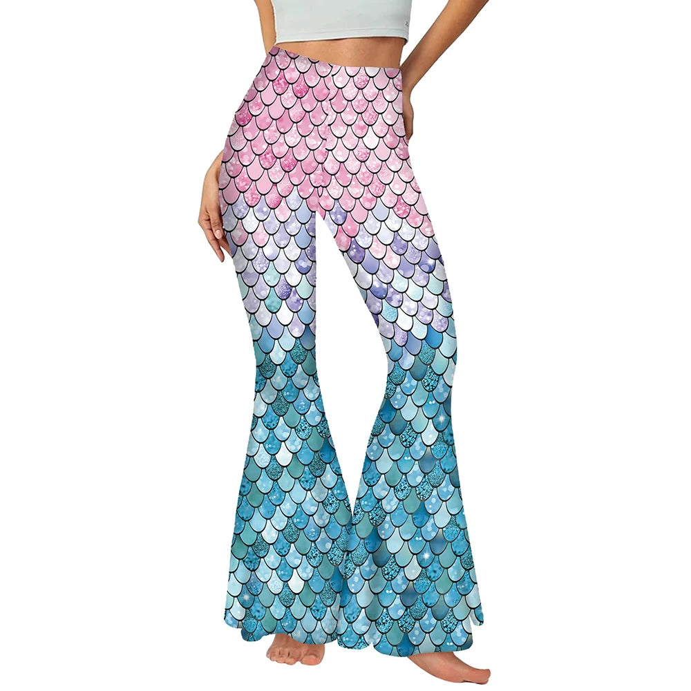 Nadanbao Pink Mermaid Flare Pants for Women Fish Scales 3D Digital Print Trousers Fashion Casual Streetwear Spring Autumn Bottom