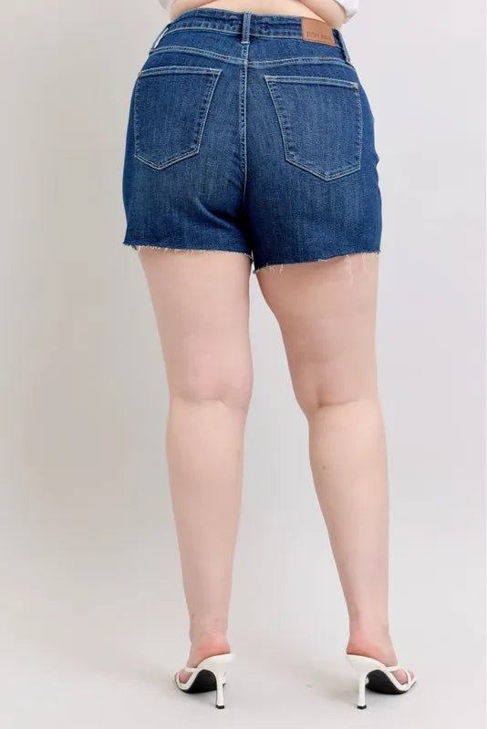 Judy Blue Full Size High Waist Criss - Cross Waistband Denim Shorts in Dark Wash - Nikki &amp; Co. Boutique