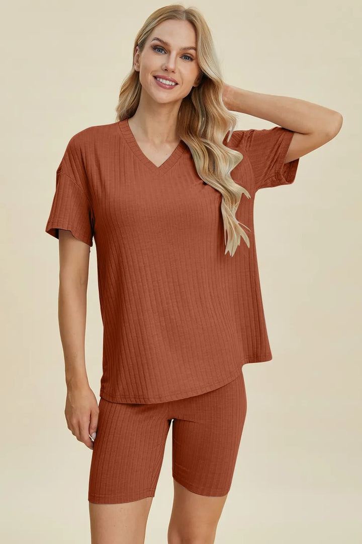 Basic Bae Full Size Ribbed V-Neck Shorts Sleeve Tops and Shorts Sets | Nikki &amp; Co. Boutique