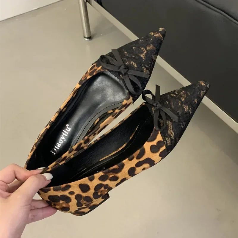 Leopard Print Pointed Toe Lace Bow Mules Shoes Fashion Sexy Elegant Office Women Shoes Autumn Suede Shallow Flat Shoes for Women