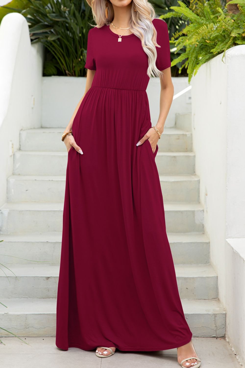 Round Neck Maxi Tee Dress with Pockets - Nikki and Co Boutique