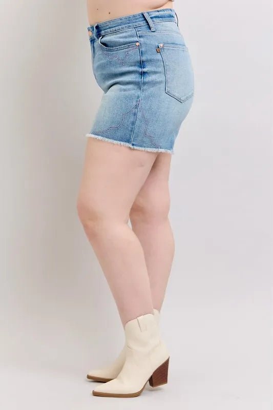 Judy Blue Full Size High Waist Western Embroidery Cut Off Denim Shorts in Light Wash - Nikki &amp; Co. Boutique