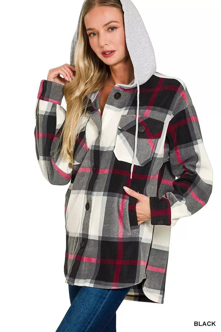 Zenana Plaid Drawstring Hooded Fleece Shacket - Nikki &amp; Co. Boutique