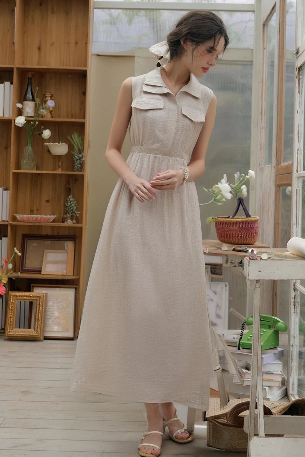 VIMLY Women Office Lady Vest Dress Summer Casual Sleeveless Lapel Dress Simple Elegant Style Commuter Sundress with Pockets