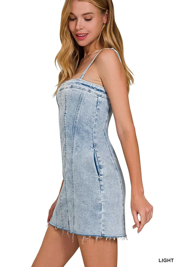Zenana Spaghetti Strap Exposed Seam Light-Wash Dress | Nikki &amp; Co. Boutique