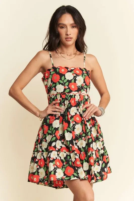 Davi &amp; Dani Floral Scalloped Cutout Back Mini Dress in Black - Nikki &amp; Co. Boutique