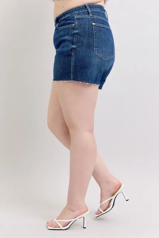 Judy Blue Full Size High Waist Criss - Cross Waistband Denim Shorts in Dark Wash - Nikki &amp; Co. Boutique