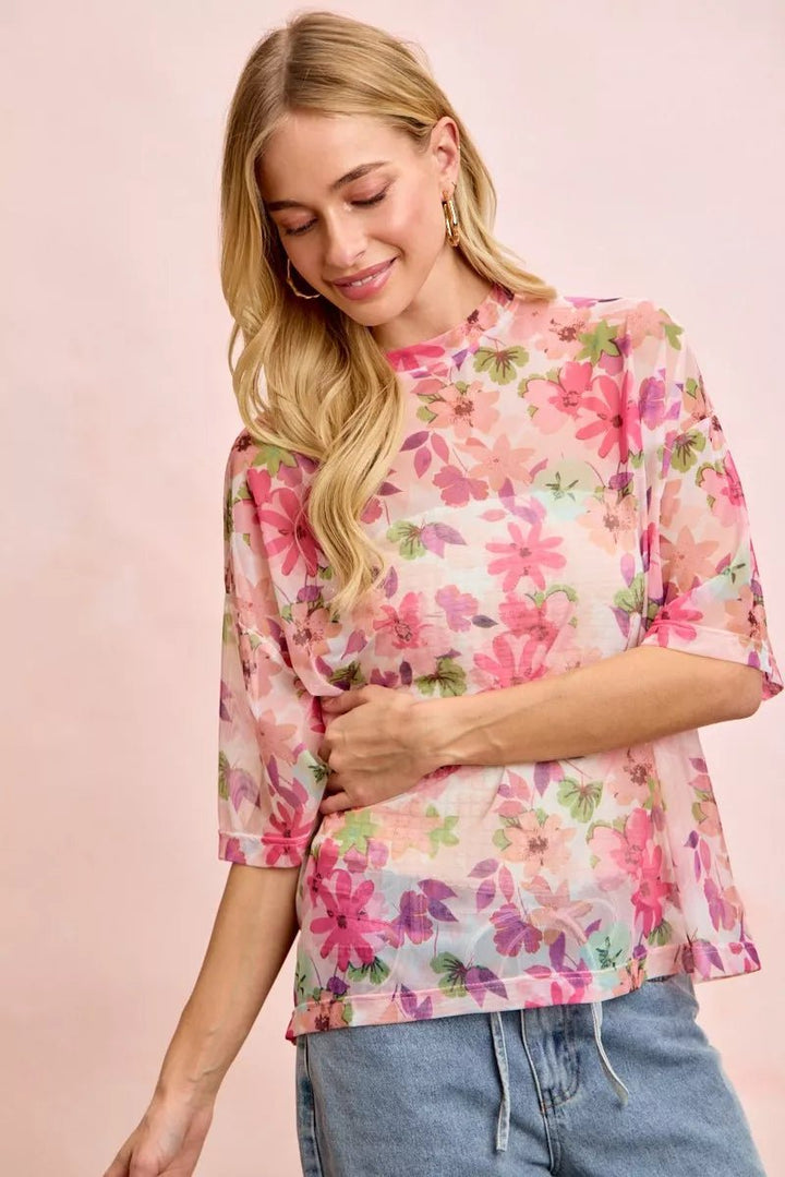 BiBi Floral Print Shorts Sleeves Boxy Mesh Tops | Nikki &amp; Co. Boutique