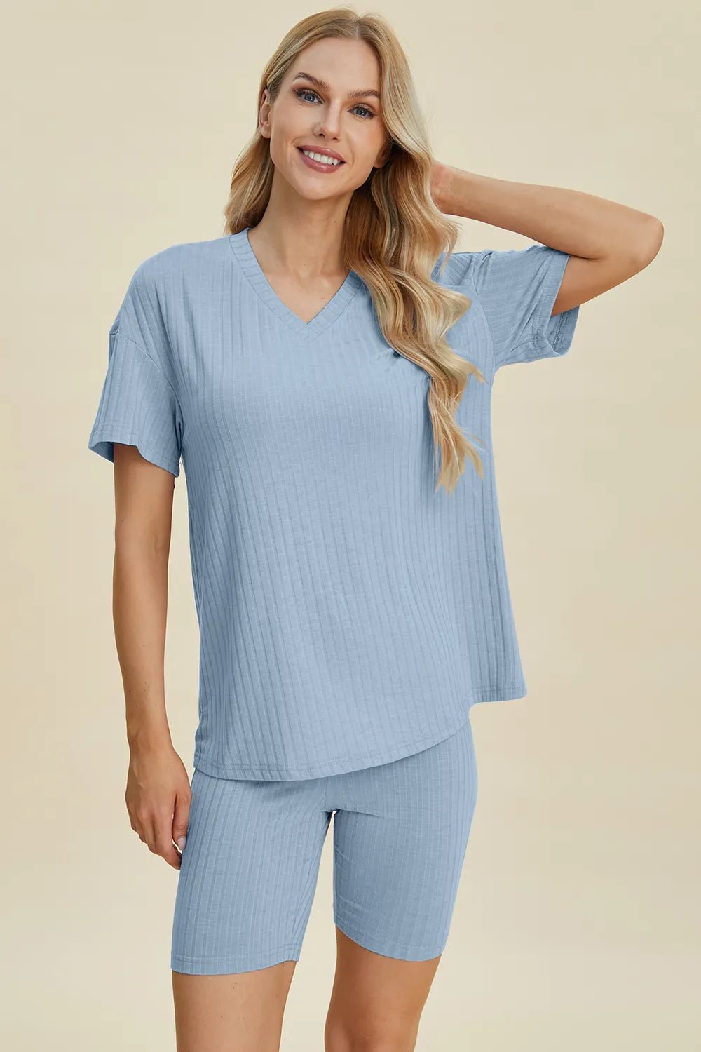 Basic Bae Full Size Ribbed V-Neck Shorts Sleeve Tops and Shorts Sets | Nikki &amp; Co. Boutique