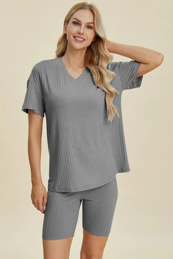 Basic Bae Full Size Ribbed V-Neck Shorts Sleeve Tops and Shorts Sets | Nikki &amp; Co. Boutique
