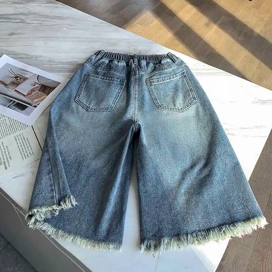 High Waist Plus Size Women's Ripped Shorts Summer Loose Solid Color Wideleg Pants Street Style Simple All Match Jeans