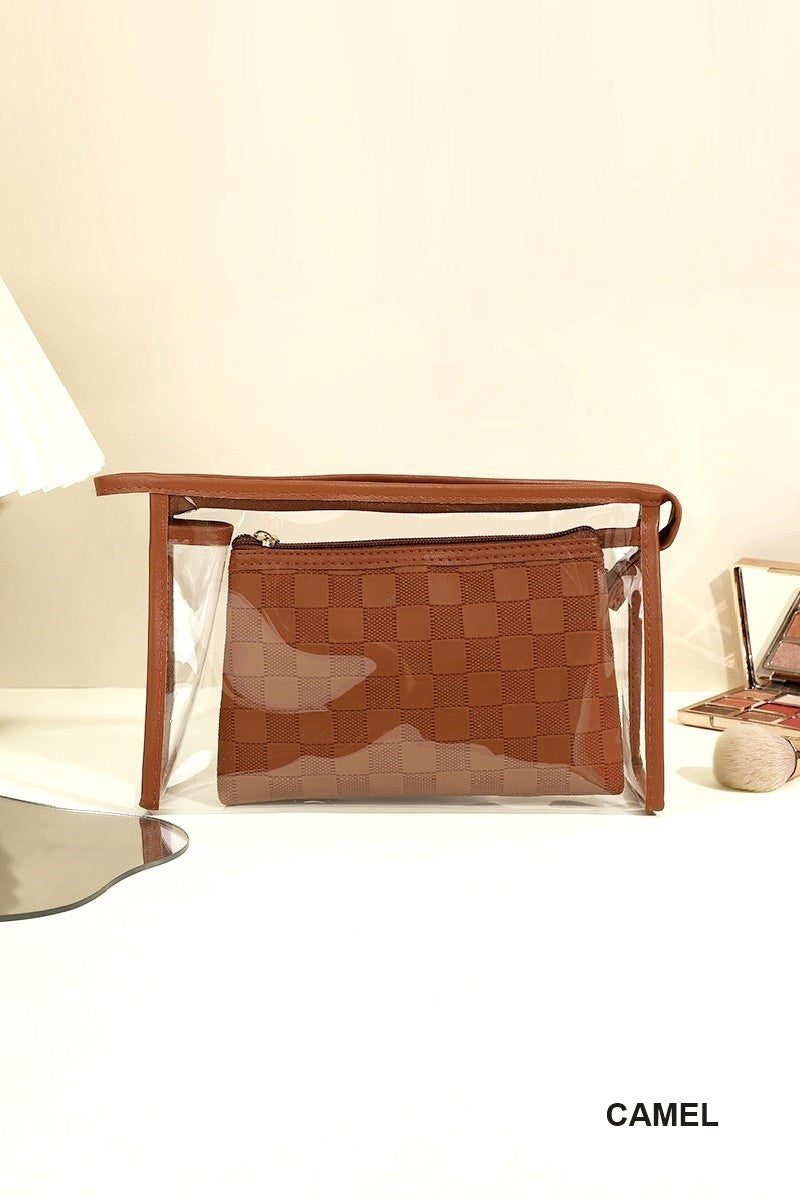 Clear large make up bag with color outline and smaller matching colored second bag