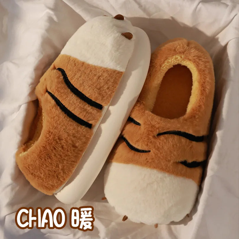 Cartoon Tiger Paw Slipper Winter Indoor Warm Fur Shoes Slides Cute Animals Plush Platform Design Claw Ladies Home Slippers