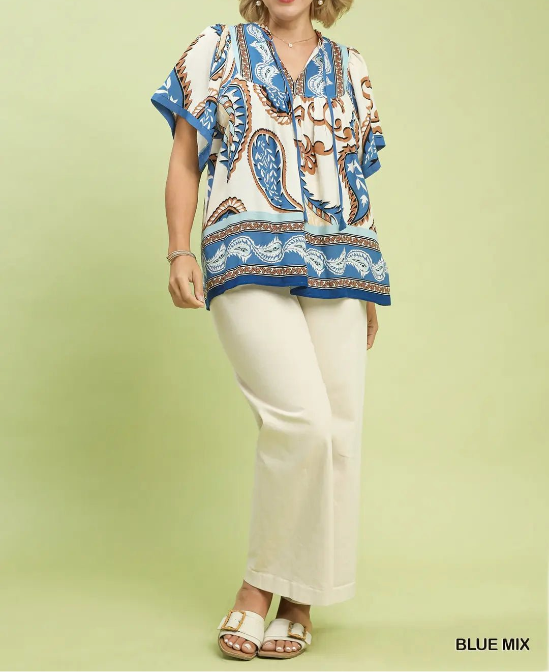 Mix Paisley Border Print Tassel Top (NP) - Plus, Blue Mix - Nikki and Co Boutique