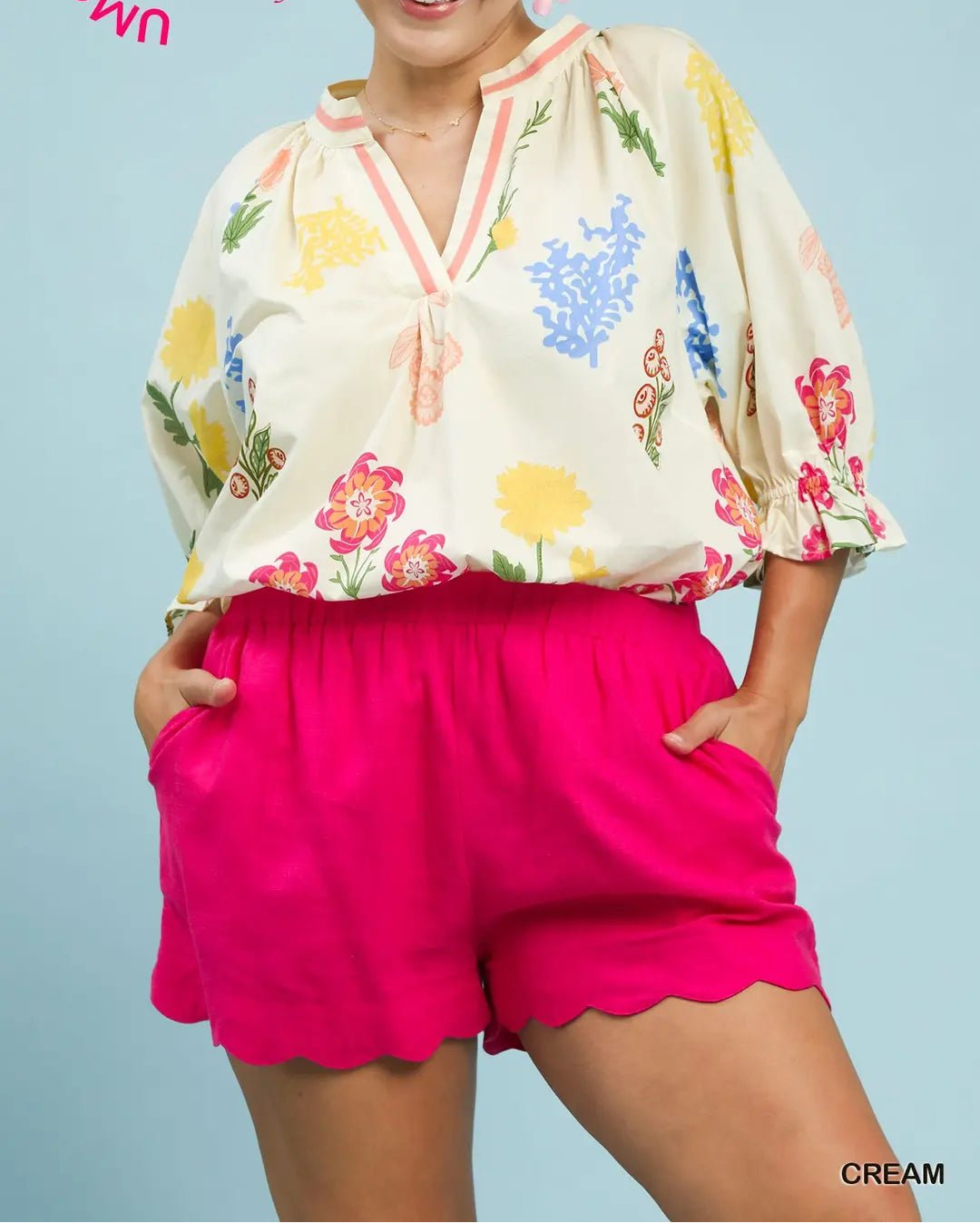 Floral Print Puff Sleeve Top (NP) - Plus, Cream - Nikki and Co Boutique