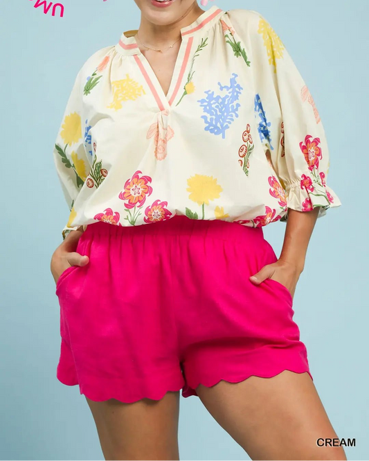 Floral Print Puff Sleeve Top (NP) - Plus, Cream - Nikki and Co Boutique