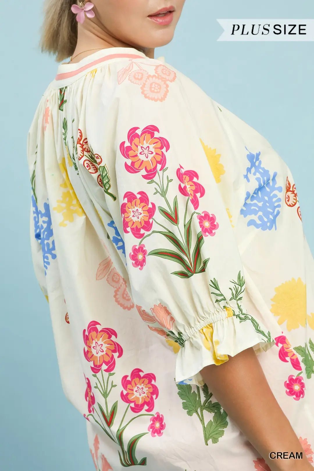 Floral Print Puff Sleeve Top (NP) - Plus, Cream - Nikki and Co Boutique