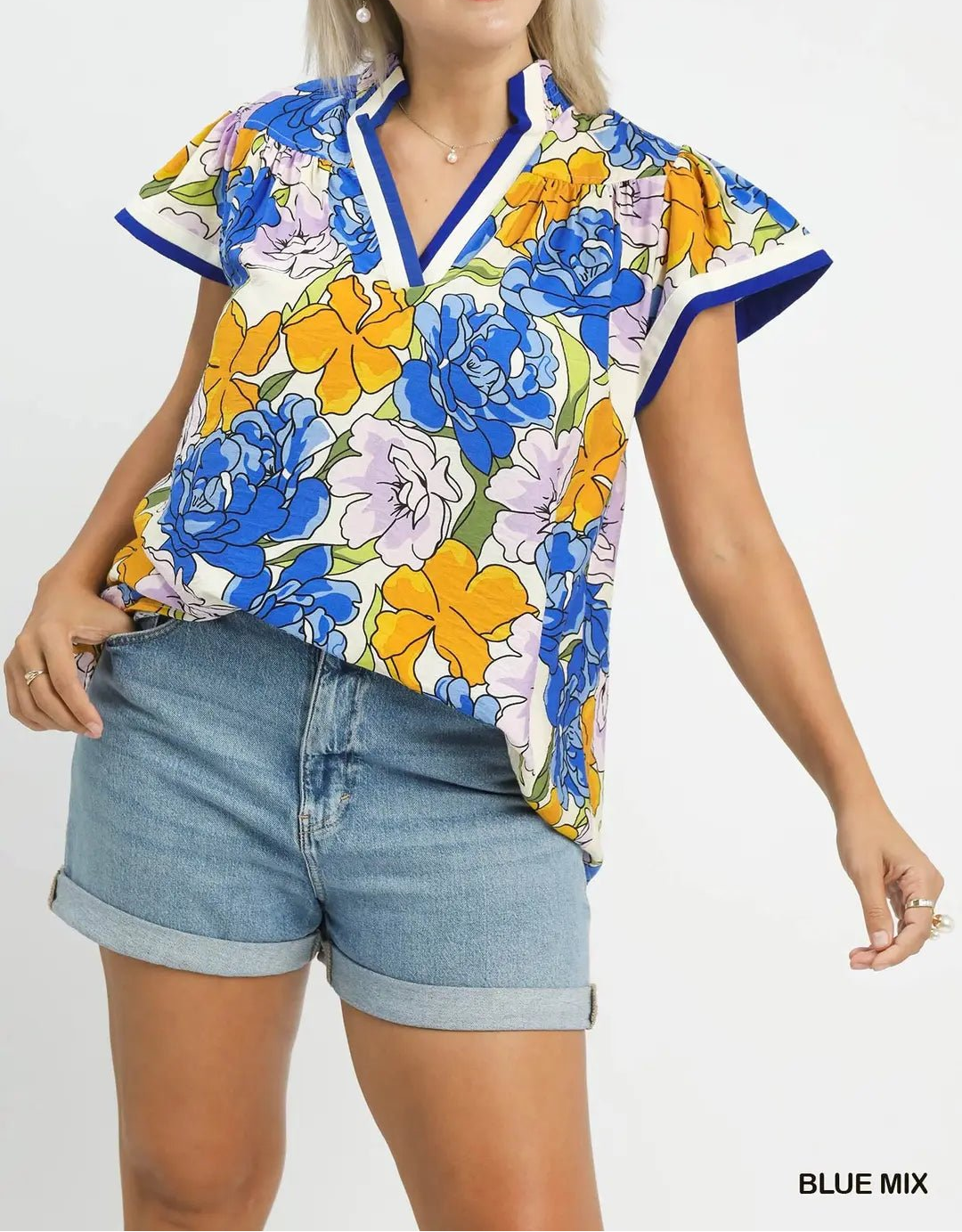 Floral Print Blouse with Contrast Trim (NP) - Plus, Blue Mix - Nikki and Co Boutique