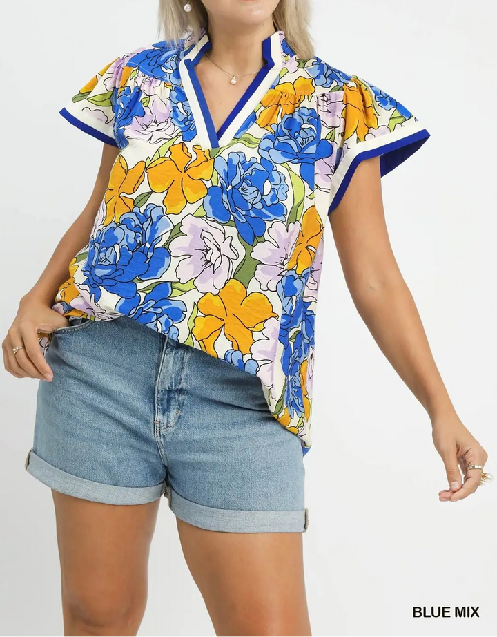 Floral Print Blouse with Contrast Trim (NP) - Plus, Blue Mix | Nikki &amp; Co. Boutique