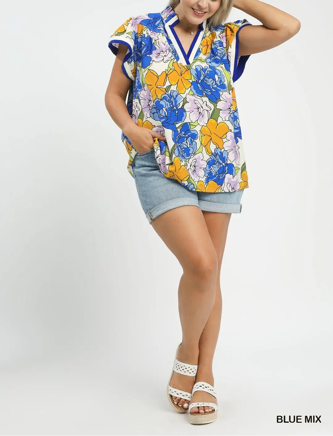 Floral Print Blouse with Contrast Trim (NP) - Plus, Blue Mix - Nikki and Co Boutique