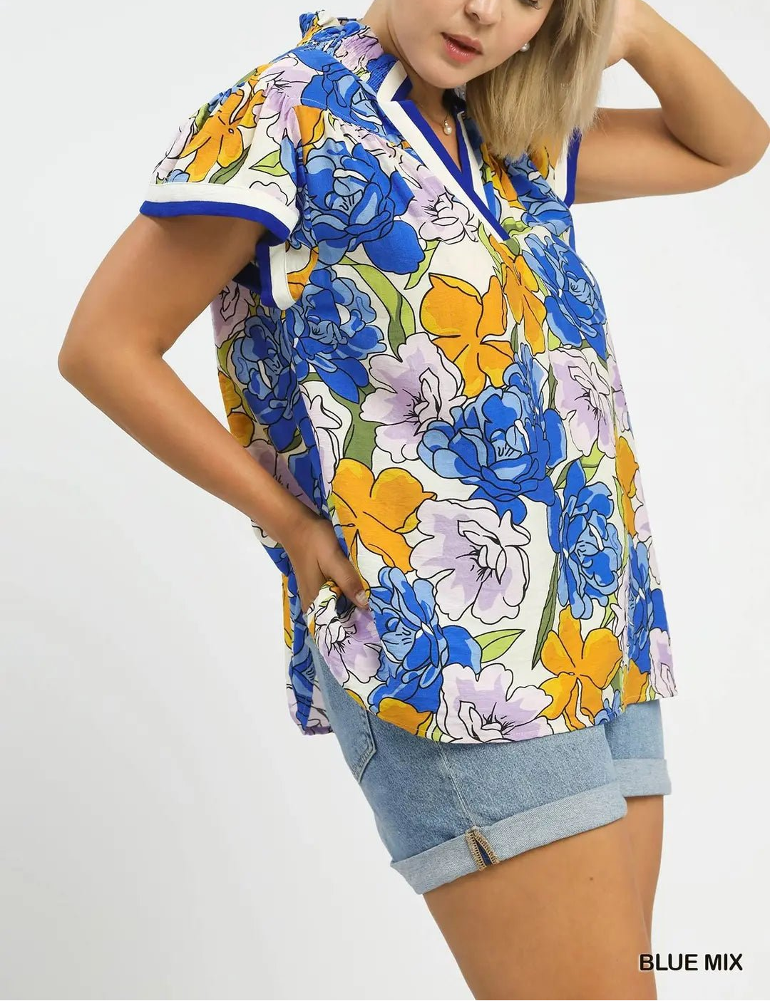 Floral Print Blouse with Contrast Trim (NP) - Plus, Blue Mix - Nikki and Co Boutique