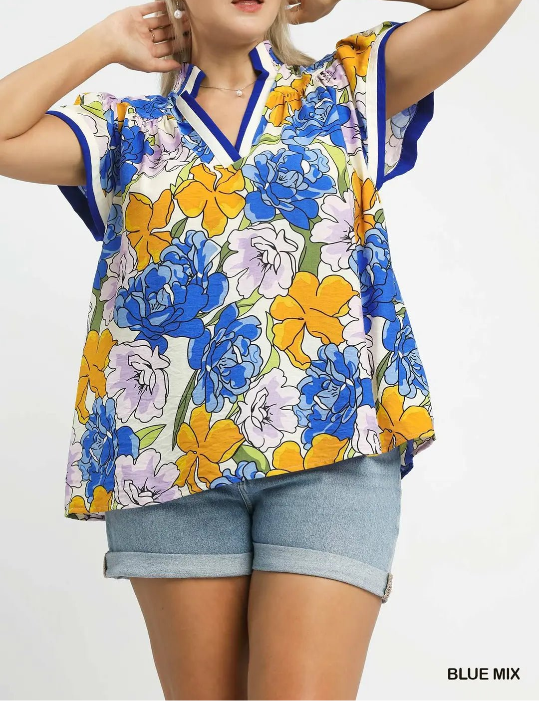 Floral Print Blouse with Contrast Trim (NP) - Plus, Blue Mix - Nikki and Co Boutique