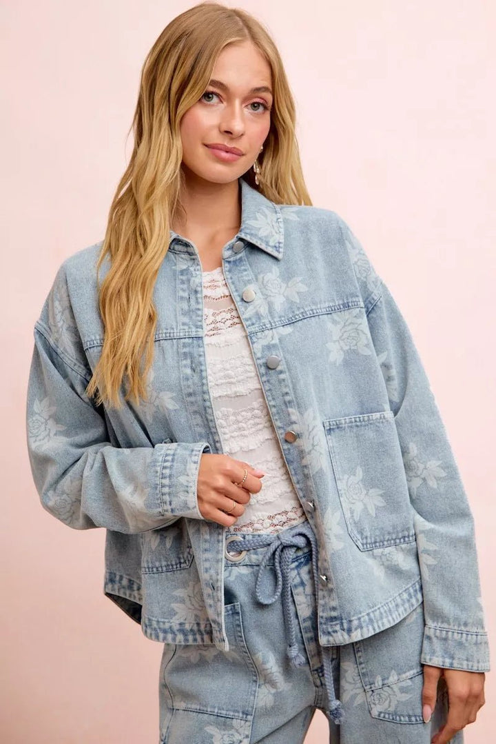 BiBi Printed Washed Denim Jacket With Pocket - Nikki &amp; Co. Boutique