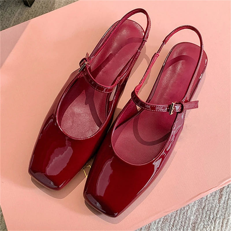 Aneikeh Retro Square Head Strap Mary Jane Sandals Women Comfortable Casual Red Lacquer Leather Ballet Shoes Pumps Zapatos Mujer
