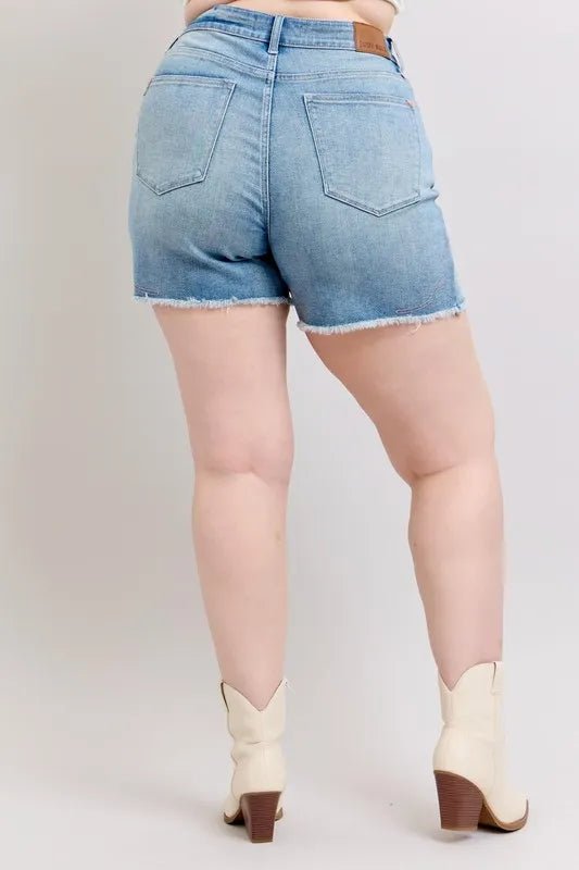 Judy Blue Full Size High Waist Western Embroidery Cut Off Denim Shorts in Light Wash - Nikki &amp; Co. Boutique