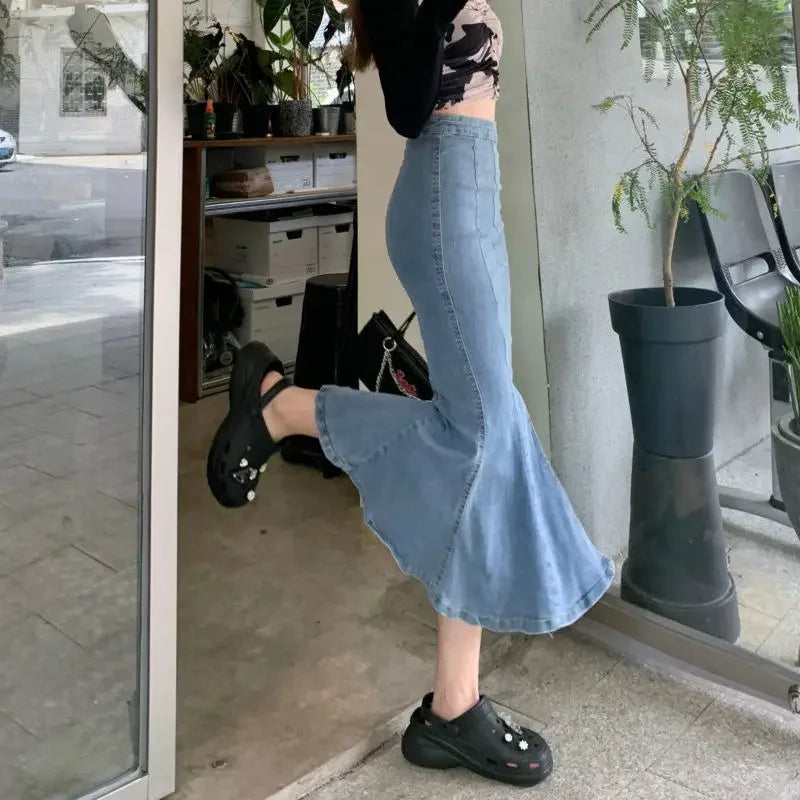 High Waist Jeans Skirts for Women Modest Vintage Harajuku Streetwear Premium Korean Fashion Cheap With Slit Woman Denim Skirt
