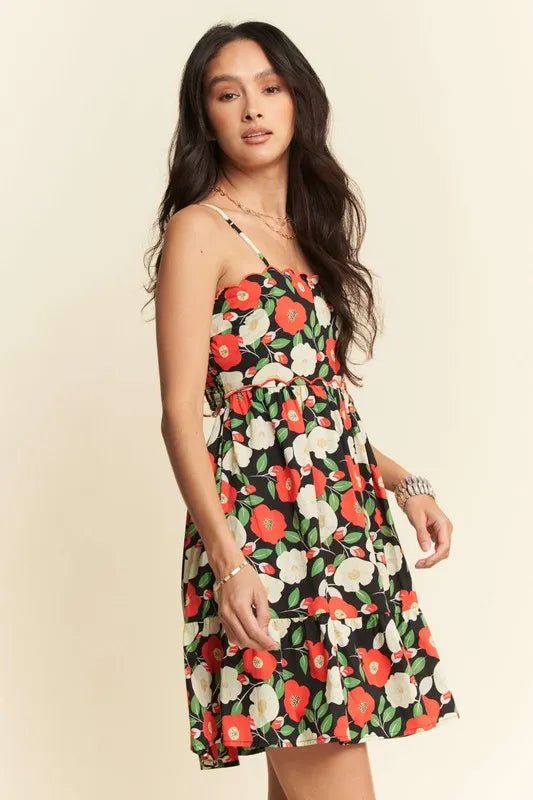 Davi &amp; Dani Floral Scalloped Cutout Back Mini Dress in Black - Nikki &amp; Co. Boutique