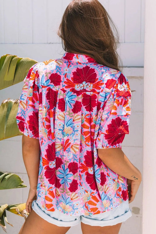 Floral Puff Sleeve Button - Up Top - Nikki and Co Boutique