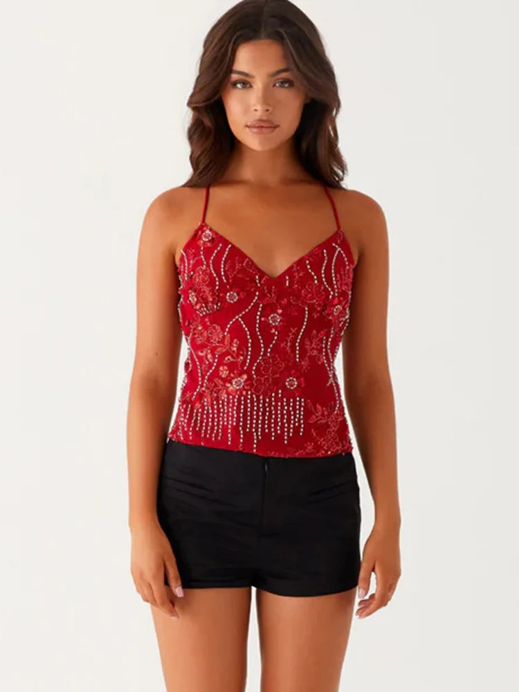 Trendix Sexy Deep V Neck Beach Tank Top Hot Girls Summer Sequins Patchwork Sleeveless Vest Women Vacation Sexy Backless Top