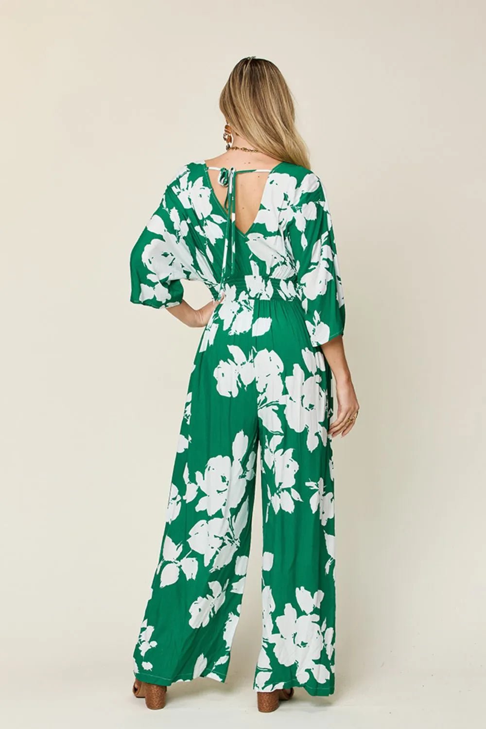 Double Take Full Size Printed Tie Back Wide Leg Jumpsuit | Nikki &amp; Co. Boutique