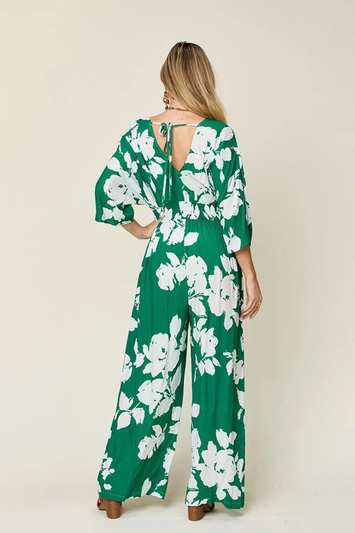 Double Take Full Size Printed Tie Back Wide Leg Jumpsuit | Nikki &amp; Co. Boutique