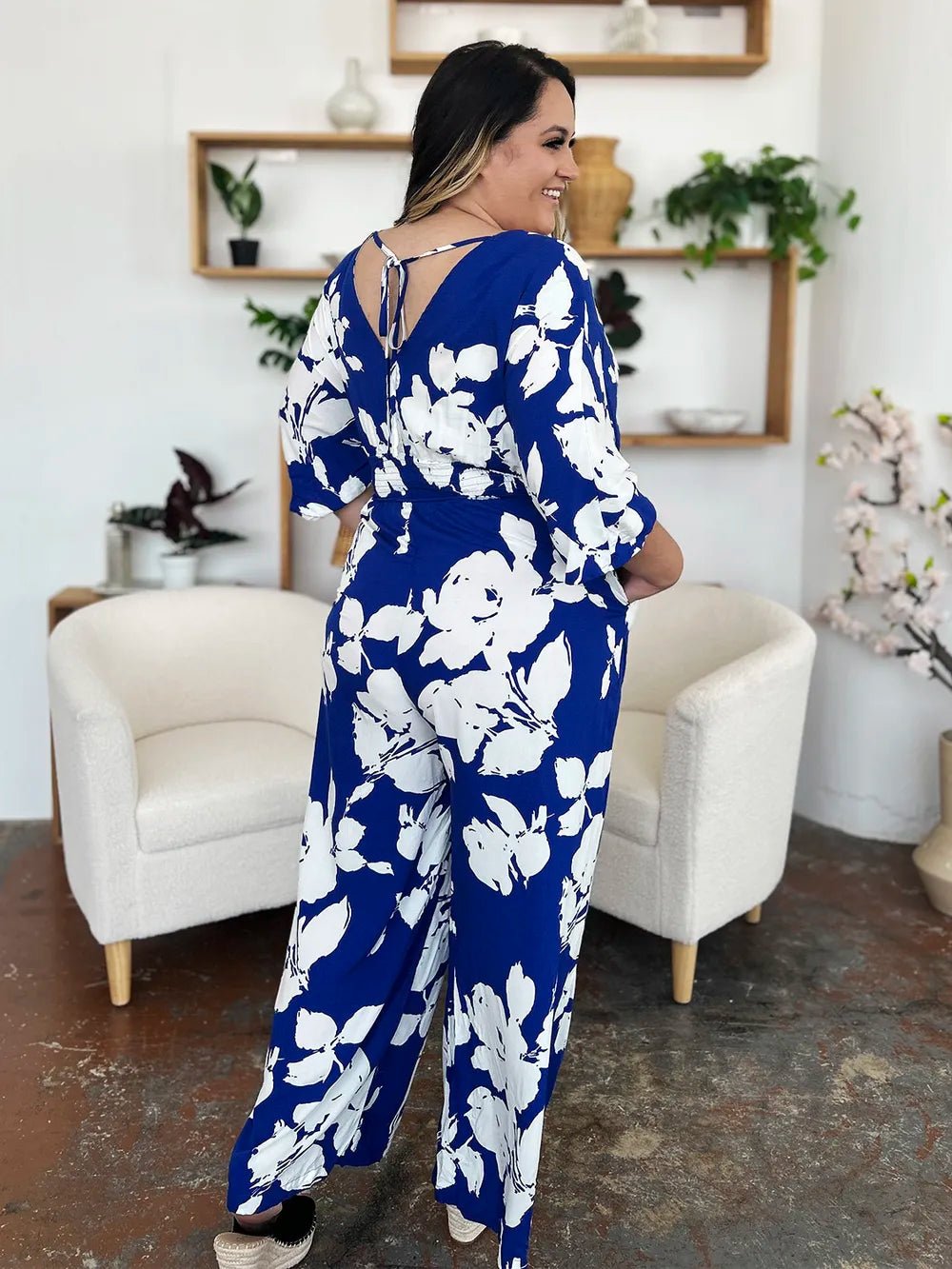 Double Take Full Size Printed Tie Back Wide Leg Jumpsuit | Nikki &amp; Co. Boutique