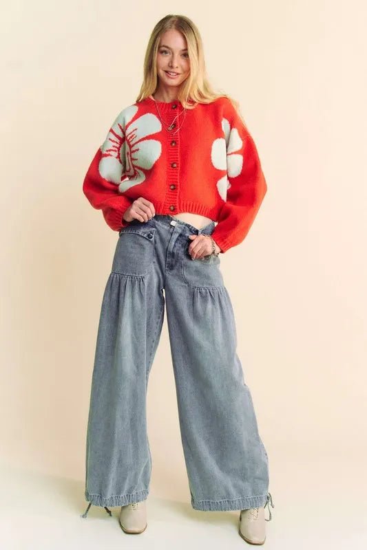 Davi &amp; Dani Flower Contrast Round Neck Long Sleeve Cardigan - Nikki &amp; Co. Boutique