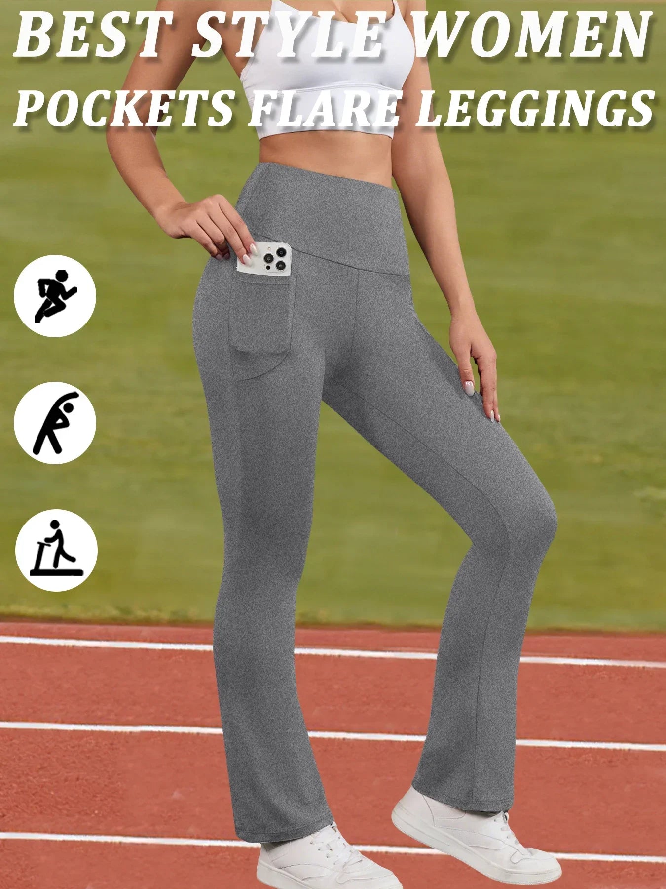 Women's Super Soft Flare Pants with Pockets High Waisted Tummy Control Workout Yoga Push Up Gym Fitness Leggings Bell Bottoms