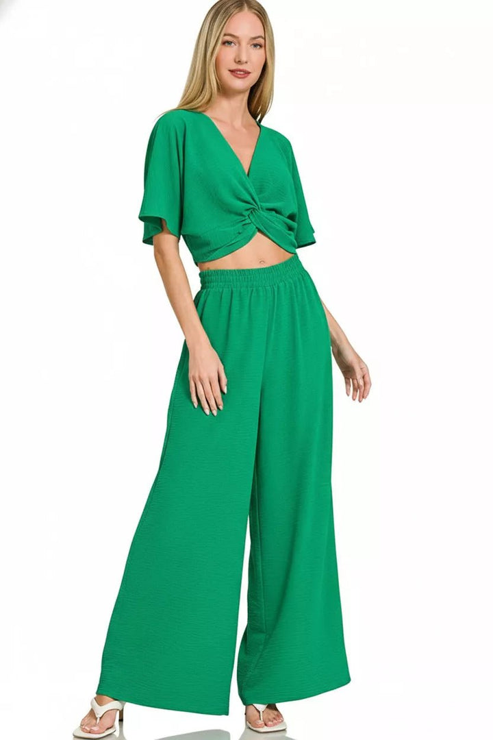 Zenana Woven Airflow Twisted Tops &amp; Wide Leg Pants Sets | Nikki &amp; Co. Boutique