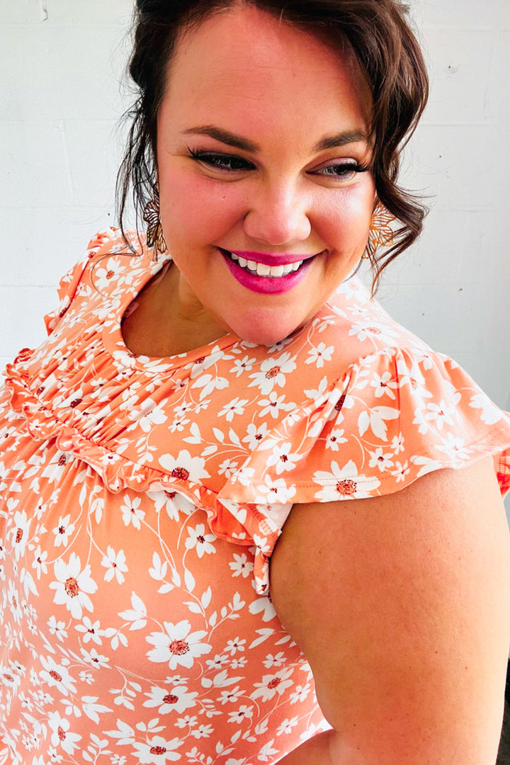 Peach Floral Print Frilled Shorts Sleeve Yoke Tops | Nikki &amp; Co. Boutique